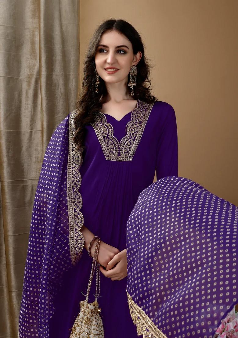 Purple Embroidery Chanderi Kurta Set - Indya
