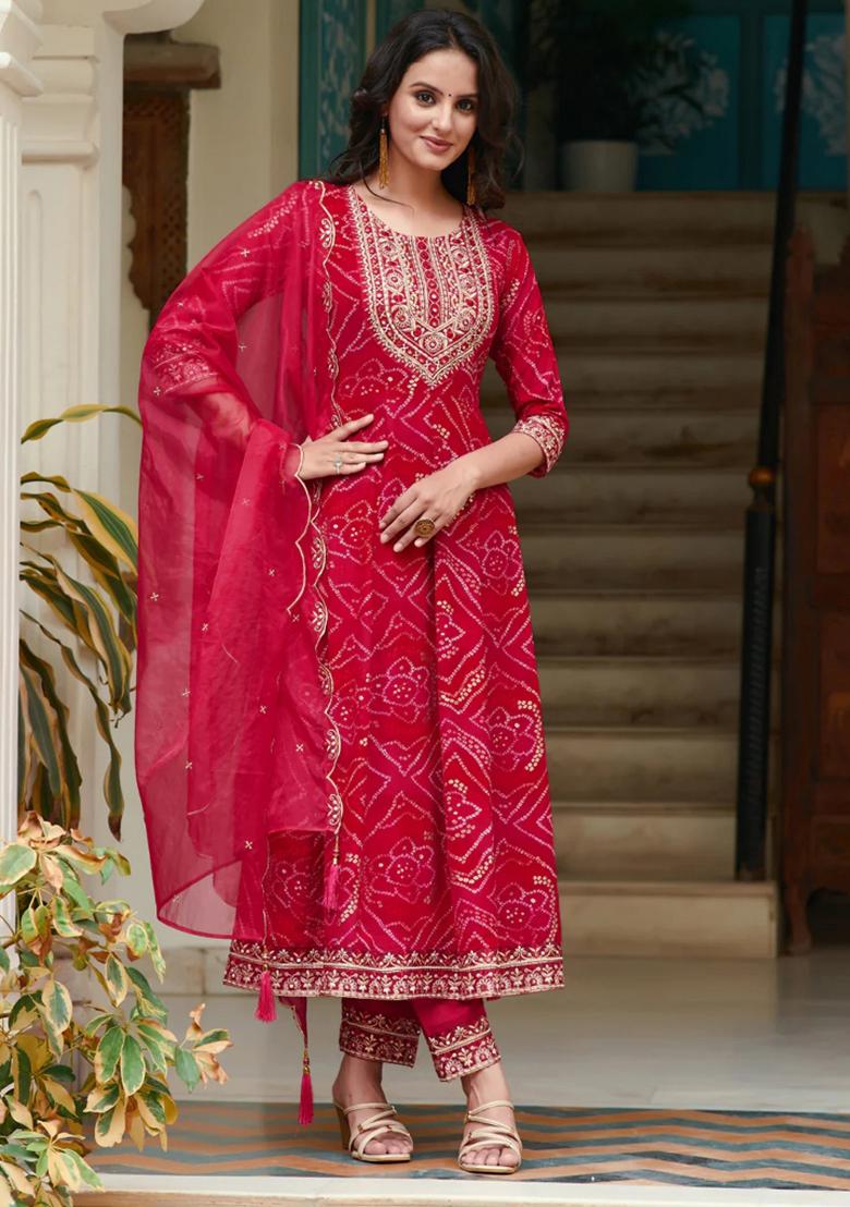 Rani Pink Embroidery Rayon Kurta Set - Indya