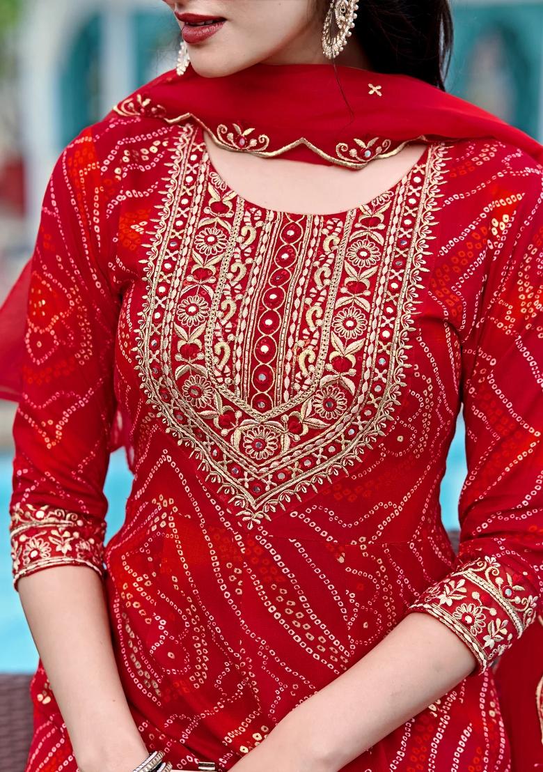 Red Embroidery Rayon Kurta Set - Indya