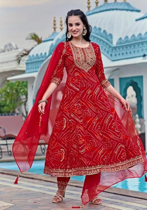 Red Embroidery Rayon Kurta Set