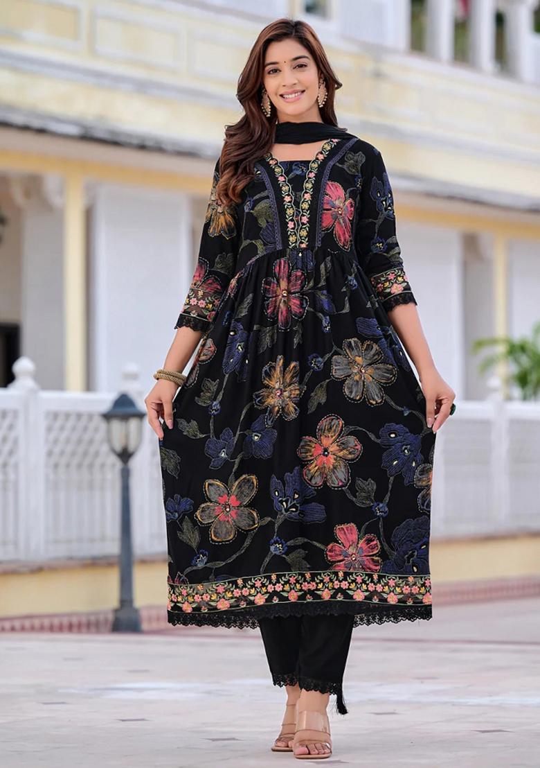 Black Embroidery Rayon Kurta Set - Indya