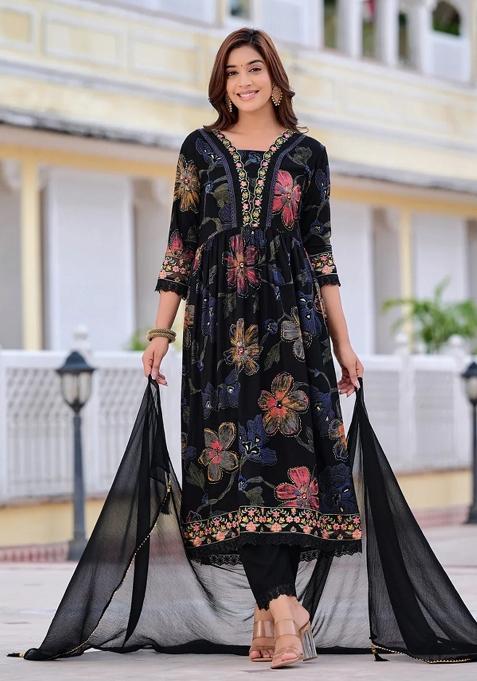 Black Embroidery Rayon Kurta Set