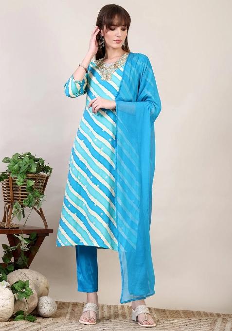 Blue Embroidery Chanderi Kurta Set