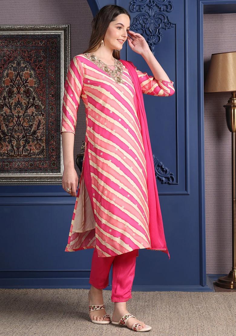 Pink Embroidery Chanderi Kurta Set - Indya