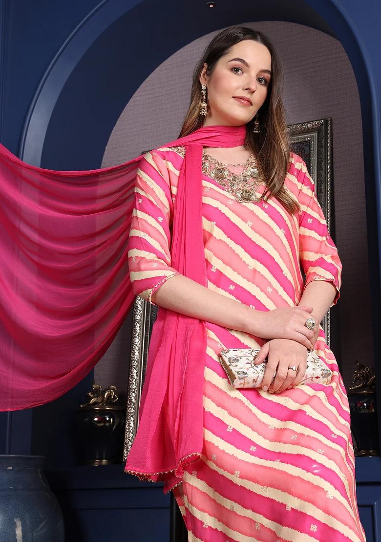 Pink Embroidery Chanderi Kurta Set - Indya