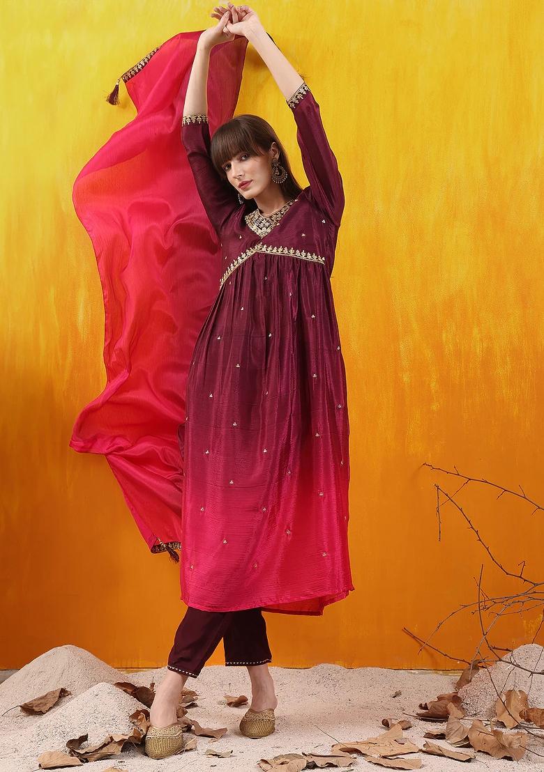 Wine Embroidery Silk Kurta Set - Indya