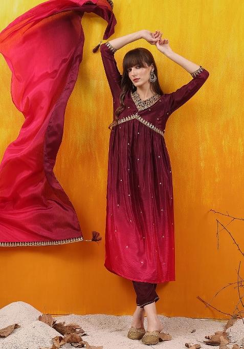 Wine Embroidery Silk Kurta Set