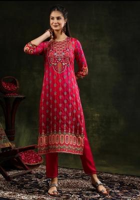 Rani Pink Embroidery Silk Kurta Set