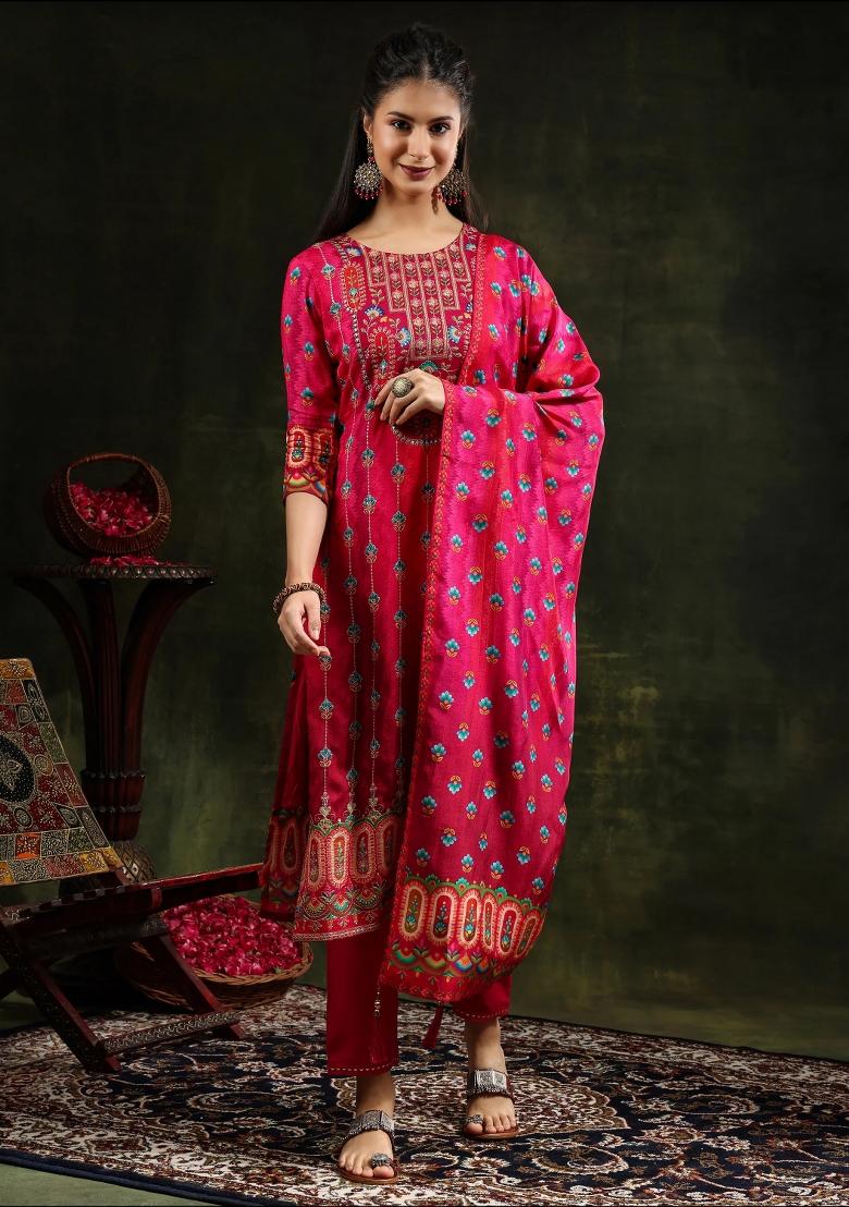 Rani Pink Embroidery Silk Kurta Set - Indya