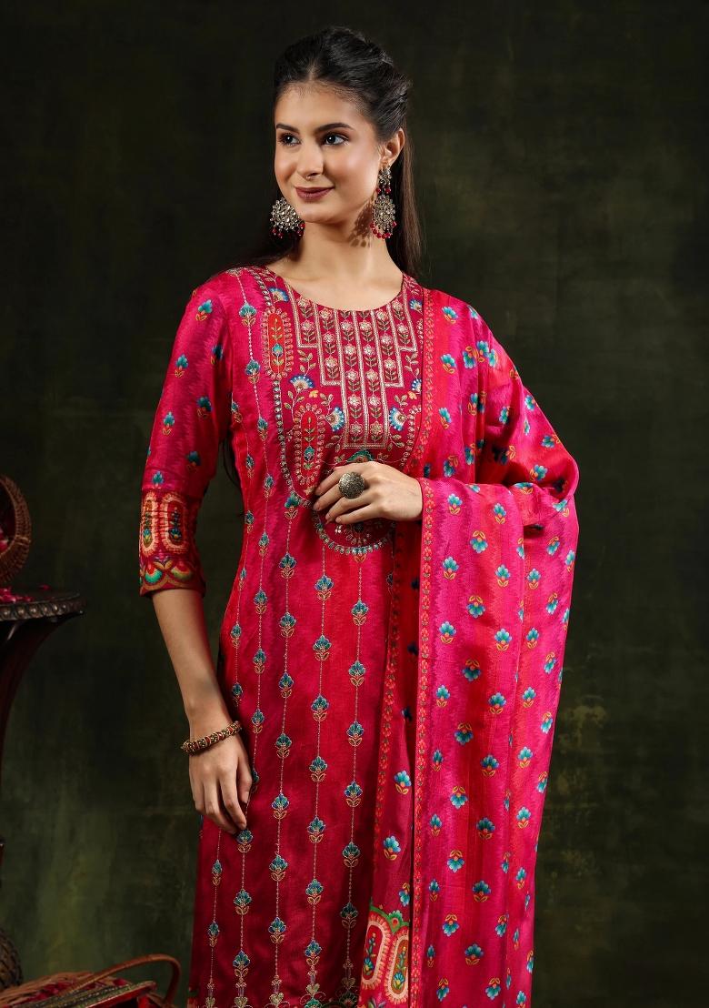 Rani Pink Embroidery Silk Kurta Set - Indya
