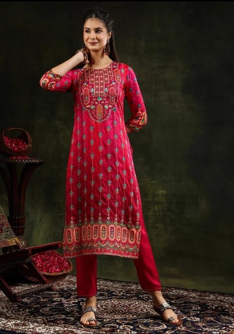 Rani Pink Embroidery Silk Kurta Set
