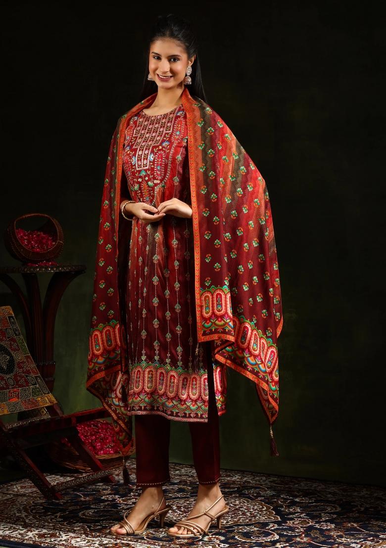 Rust Embroidery Silk Kurta Set - Indya