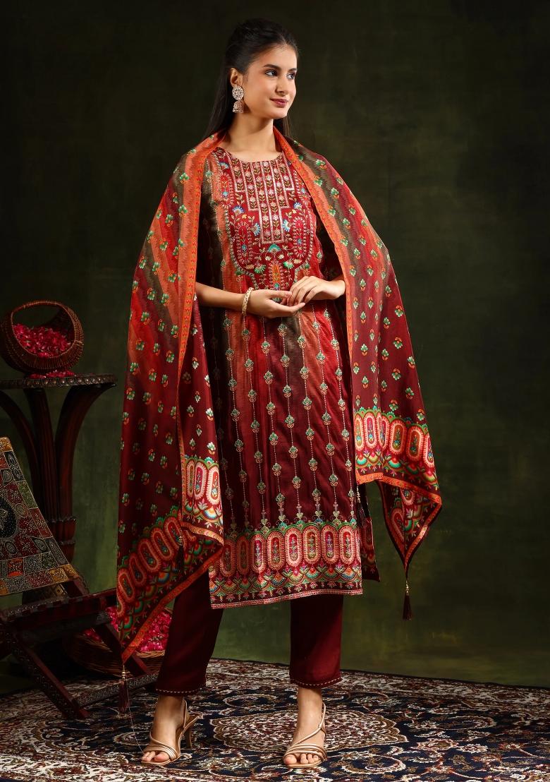 Rust Embroidery Silk Kurta Set - Indya