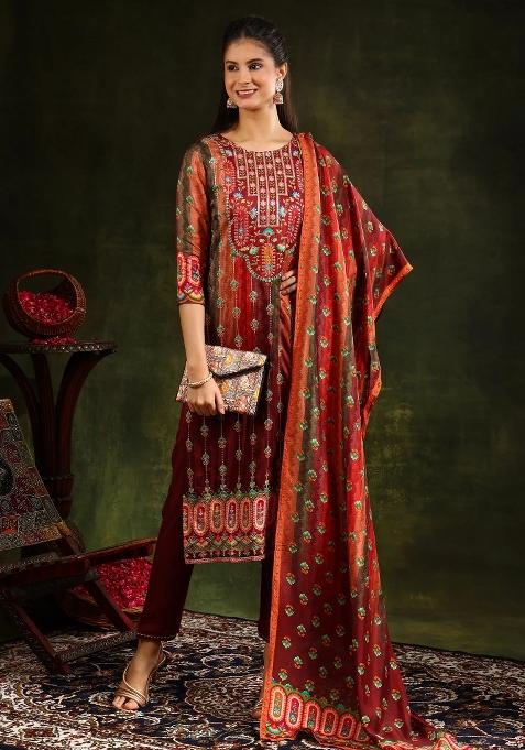 Rust Embroidery Silk Kurta Set