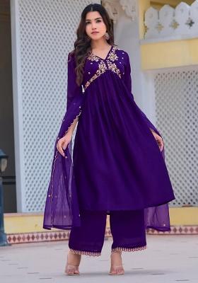 Purple Embroidery Silk Kurta Set