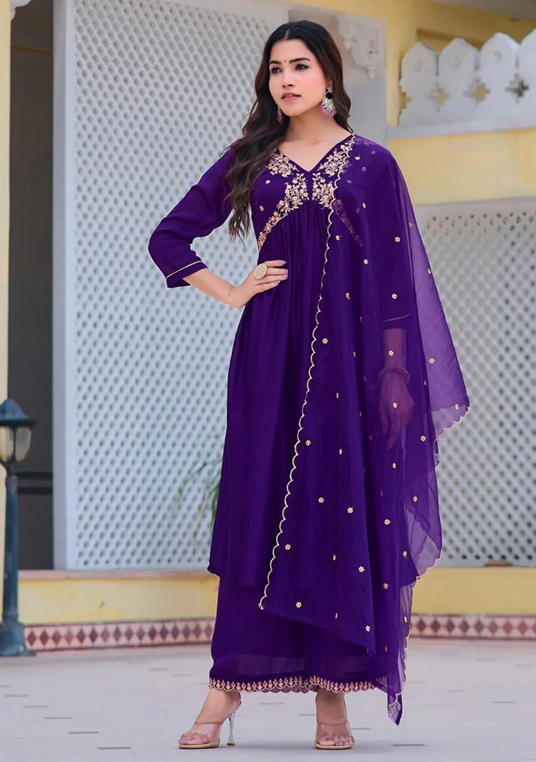 Purple Embroidery Silk Kurta Set - Indya