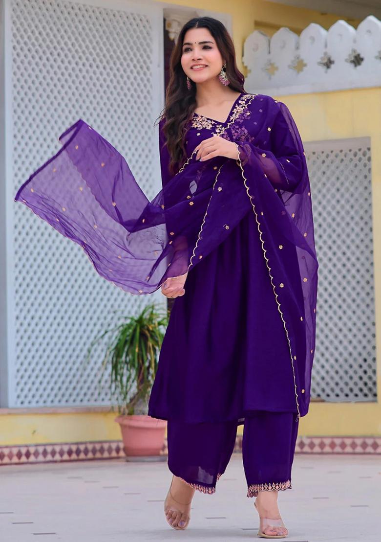 Purple Embroidery Silk Kurta Set - Indya