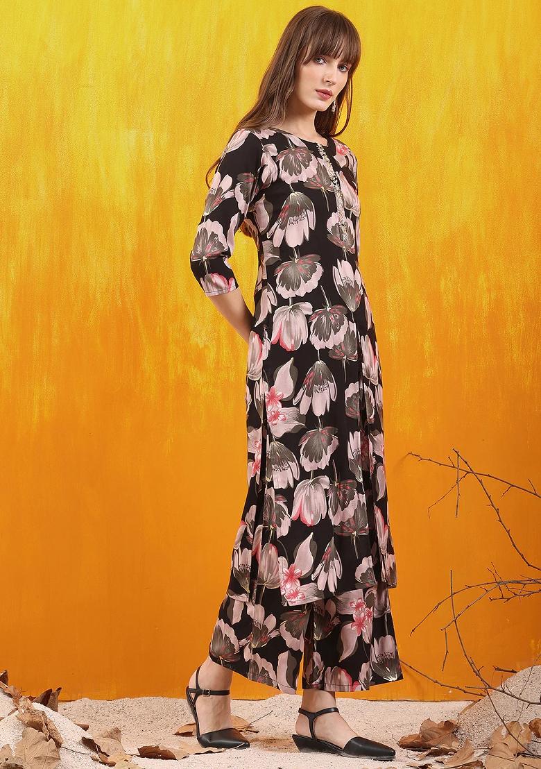 Black Embroidery Rayon Kurta Set - Indya