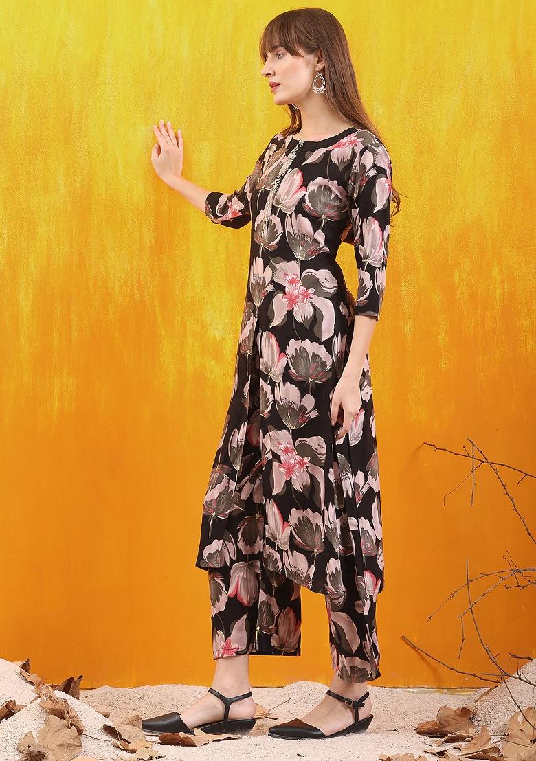 Black Embroidery Rayon Kurta Set - Indya