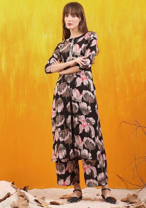 Black Floral Print Rayon Straight Kurta Set