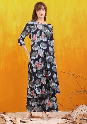 Navy Blue Embroidery Rayon Kurta Set