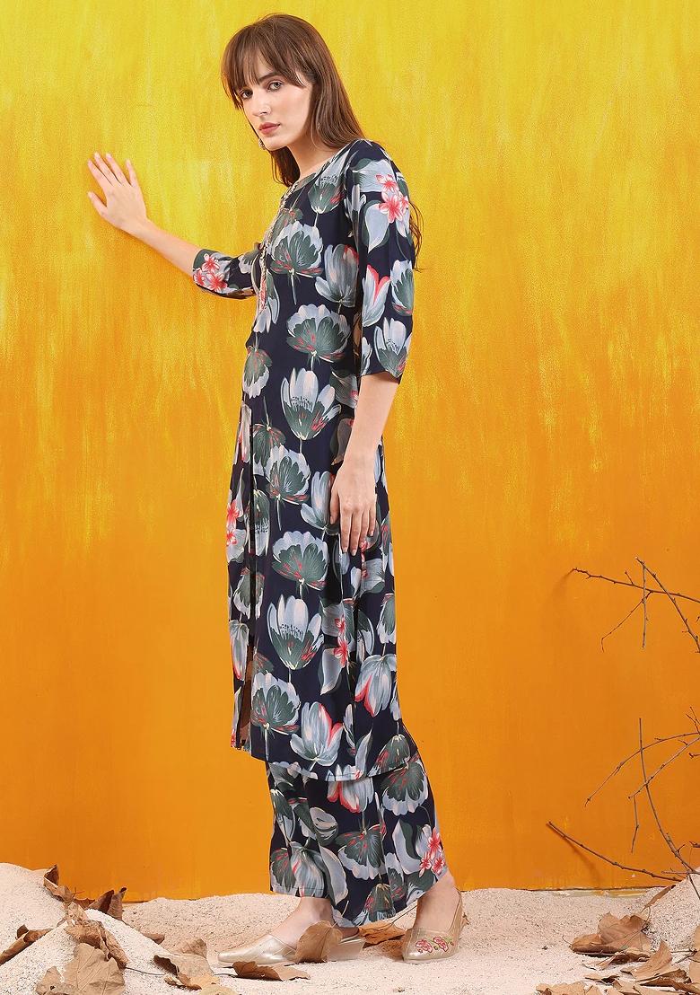 Navy Blue Embroidery Rayon Kurta Set - Indya