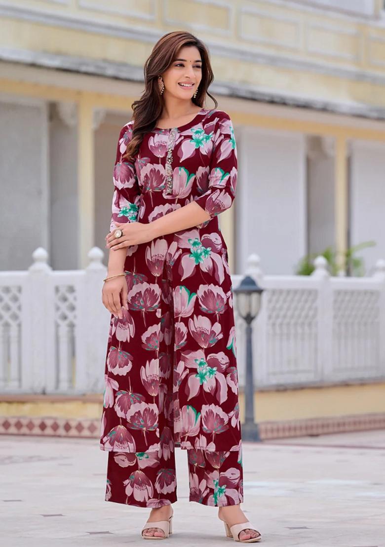 Purple Embroidery Rayon Kurta Set - Indya