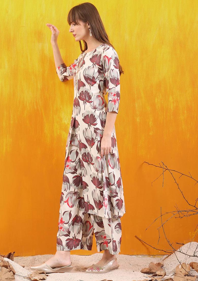 White Embroidery Rayon Kurta Set - Indya