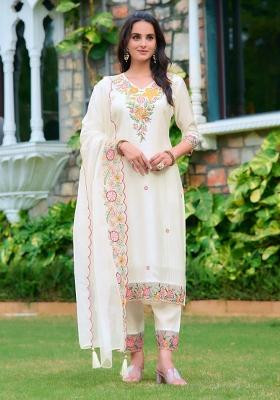 White Embroidery Rayon Kurta Set