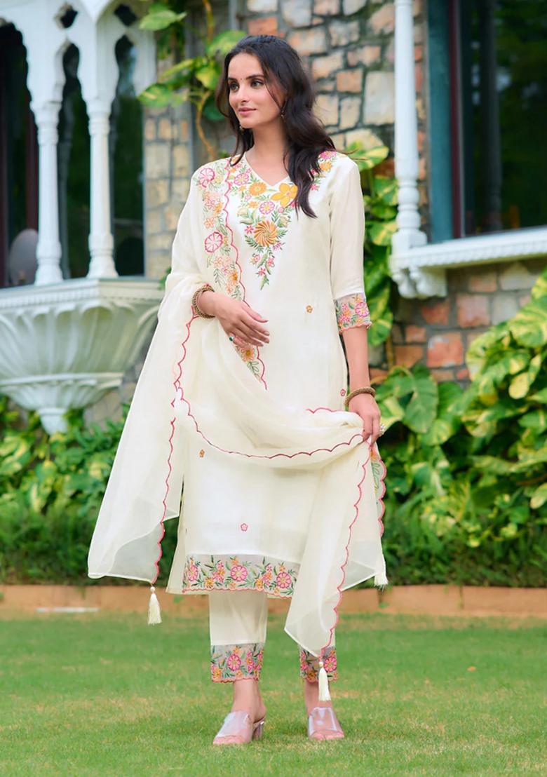 White Embroidery Rayon Kurta Set - Indya