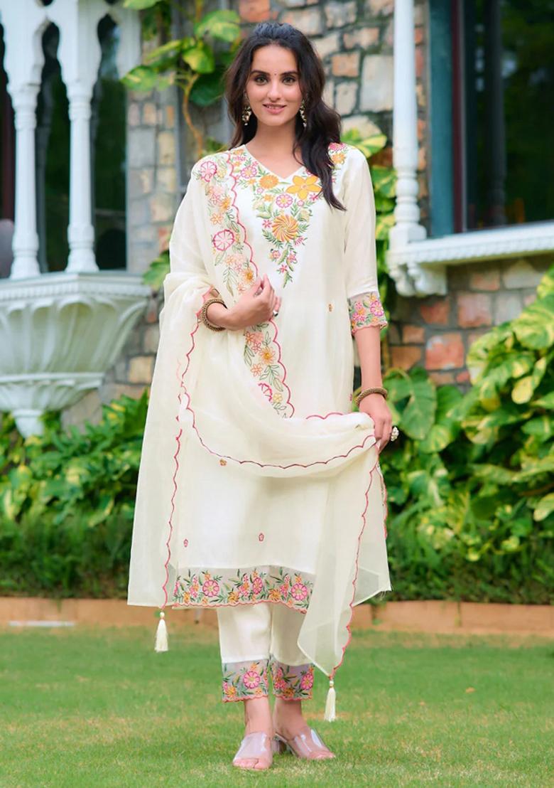 White Embroidery Rayon Kurta Set - Indya