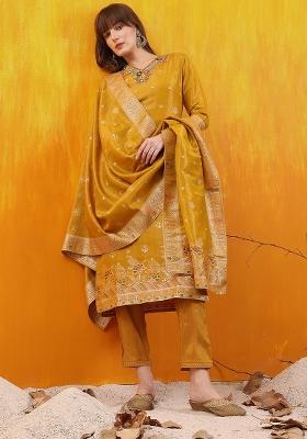 Yellow Embroidery Jacquard Kurta Set