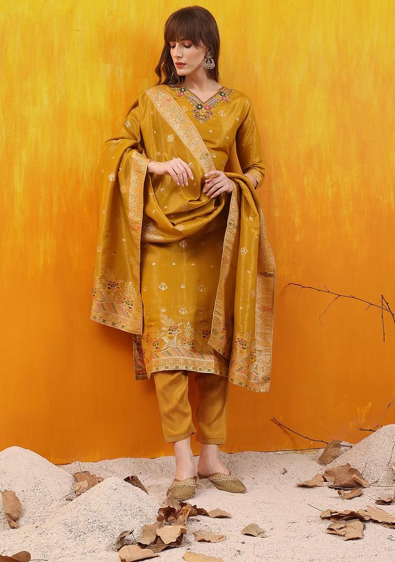 Yellow Embroidery Jacquard Kurta Set - Indya