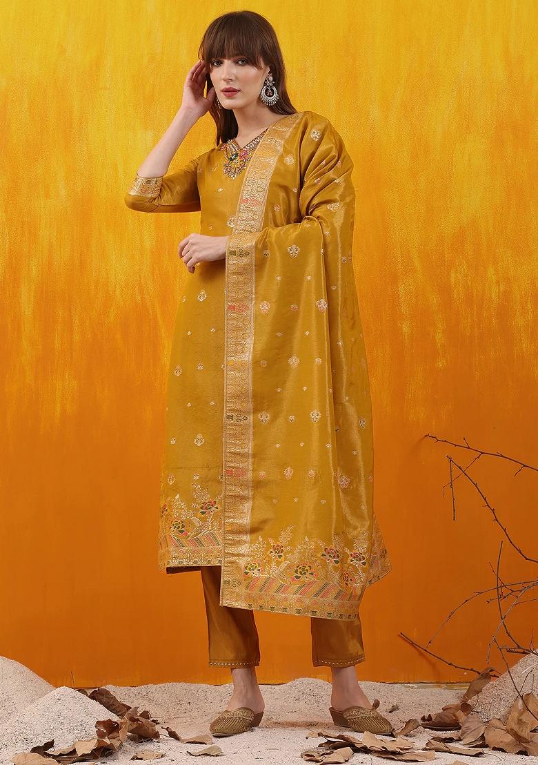Yellow Embroidery Jacquard Kurta Set - Indya