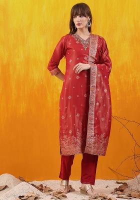 Red Embroidery Jacquard Kurta Set