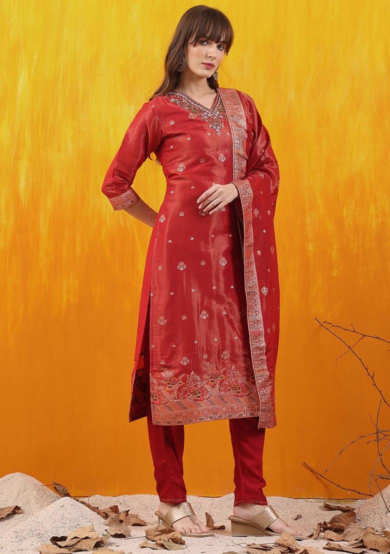 Red Embroidery Jacquard Kurta Set - Indya
