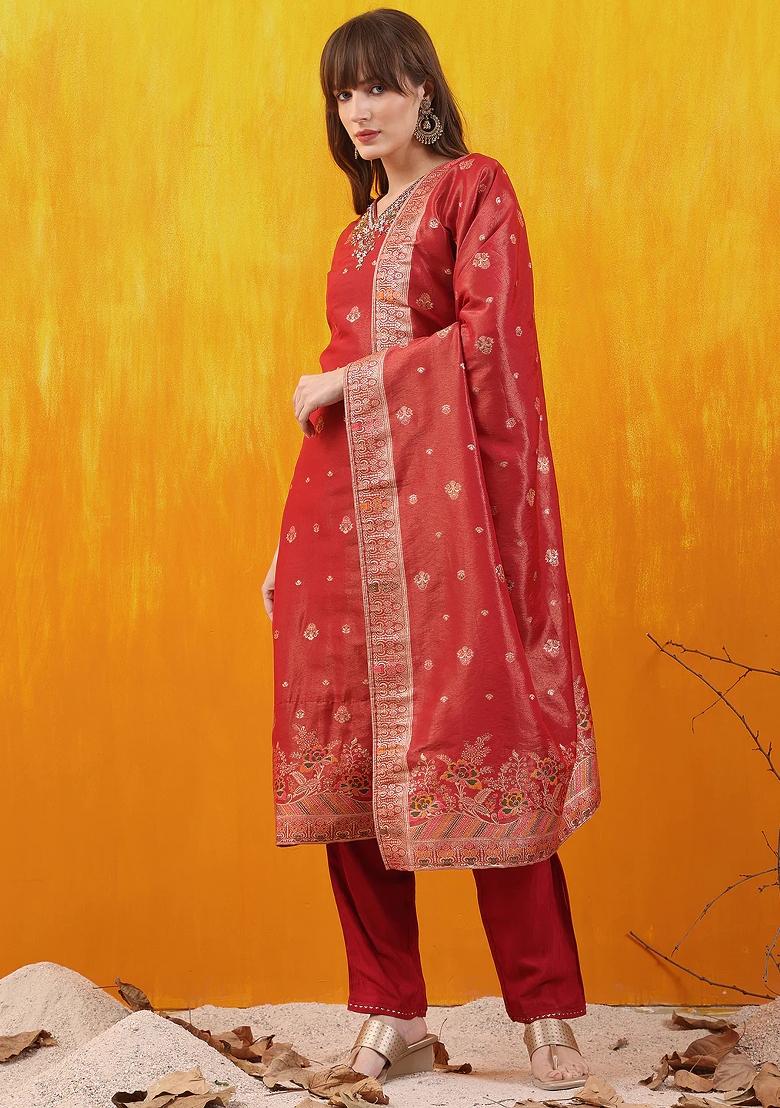 Red Embroidery Jacquard Kurta Set - Indya