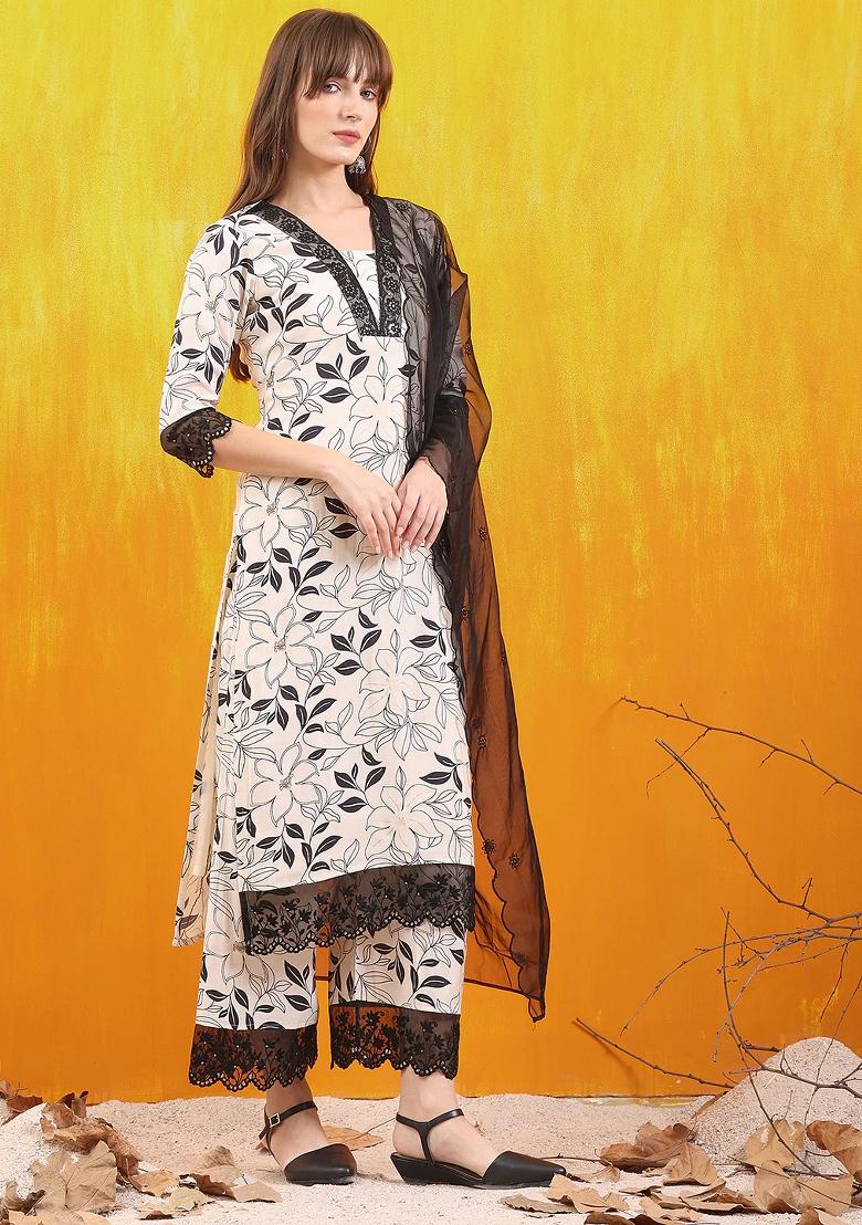 White Embroidery Chanderi Kurta Set - Indya