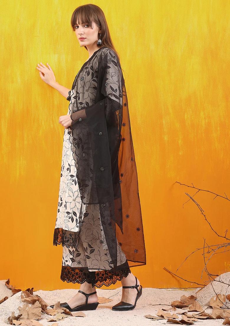 White Embroidery Chanderi Kurta Set - Indya