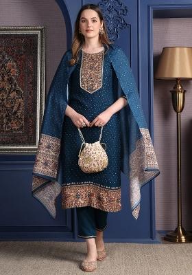Teal Blue Embroidery Rayon Kurta Set