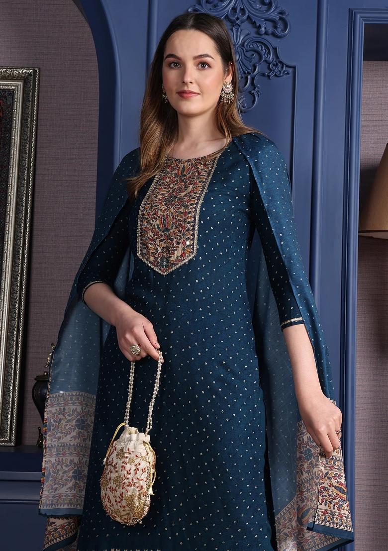 Teal Blue Embroidery Rayon Kurta Set - Indya