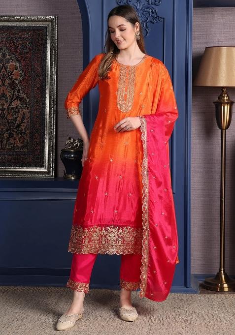 Orange Tie And Dye Silk Straight Kurta Set