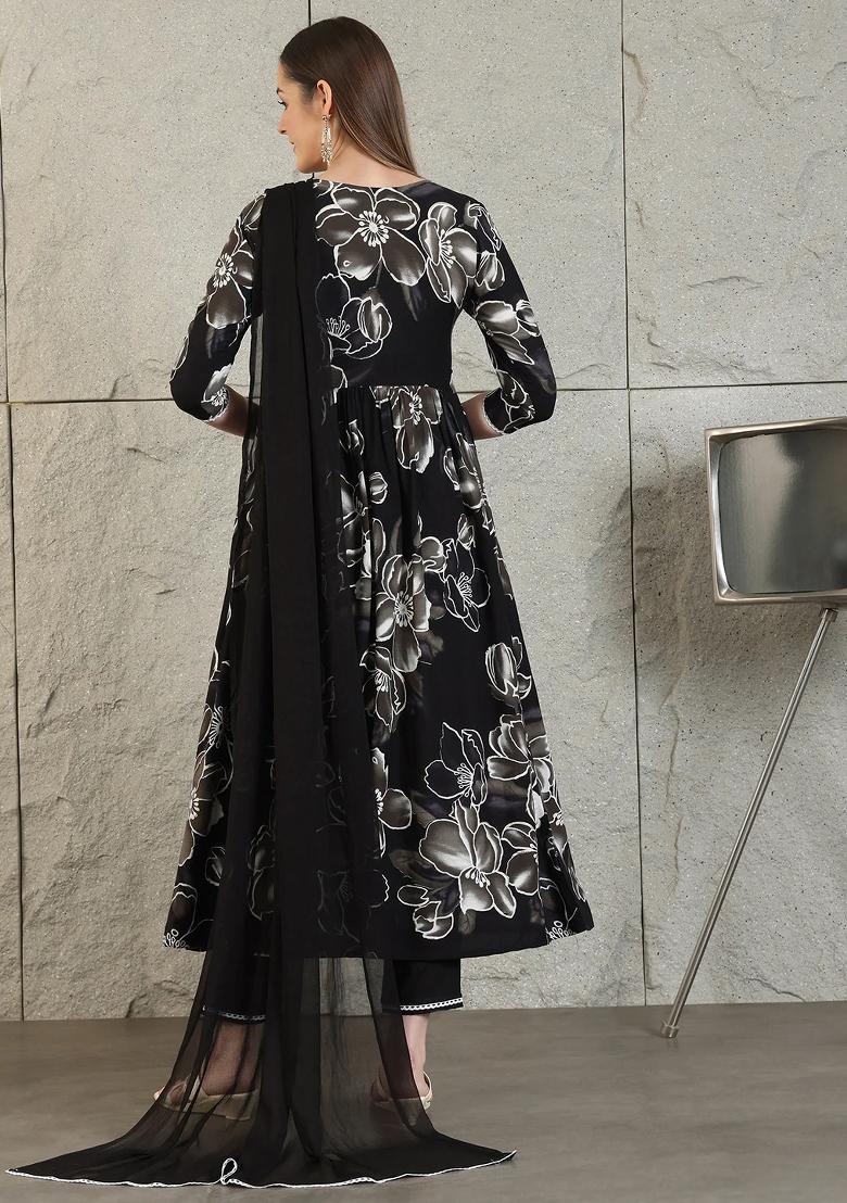 Black Embroidery Rayon Kurta Set - Indya