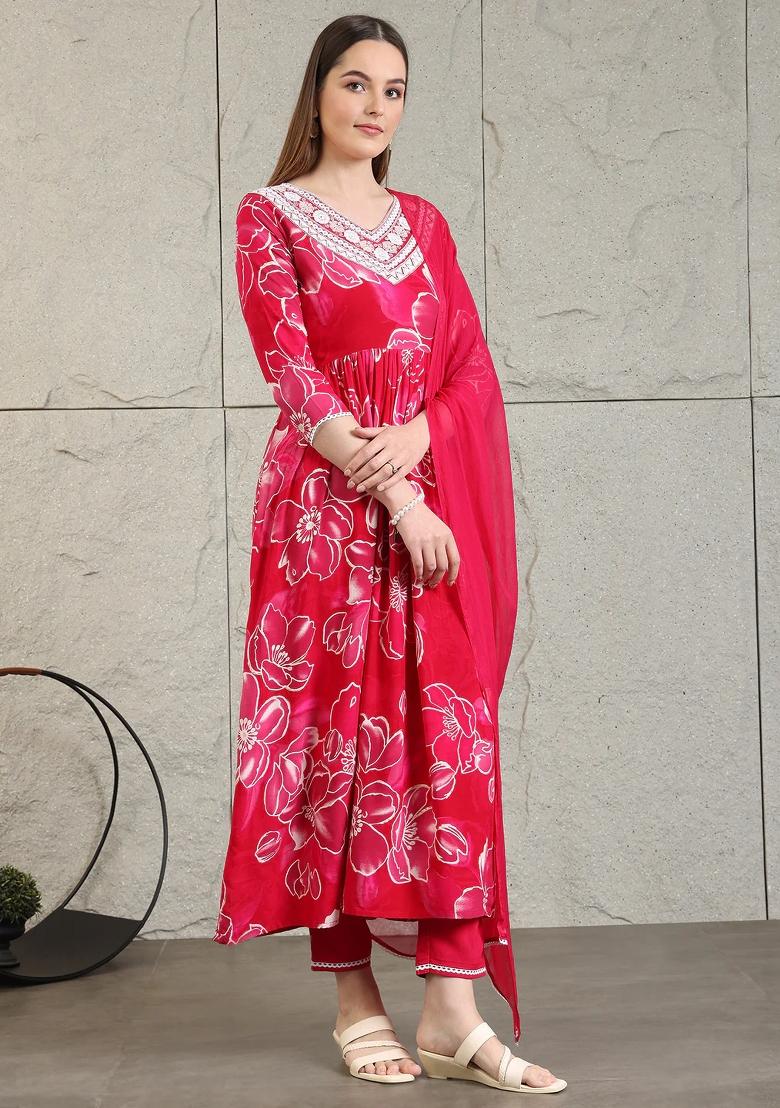 Pink Embroidery Rayon Kurta Set - Indya