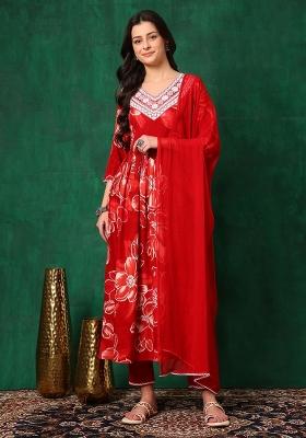 Red Embroidery Rayon Kurta Set