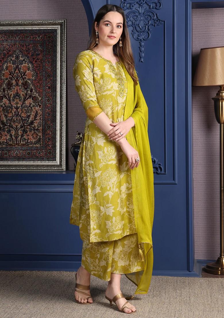 Green Embroidery Rayon Kurta Set - Indya