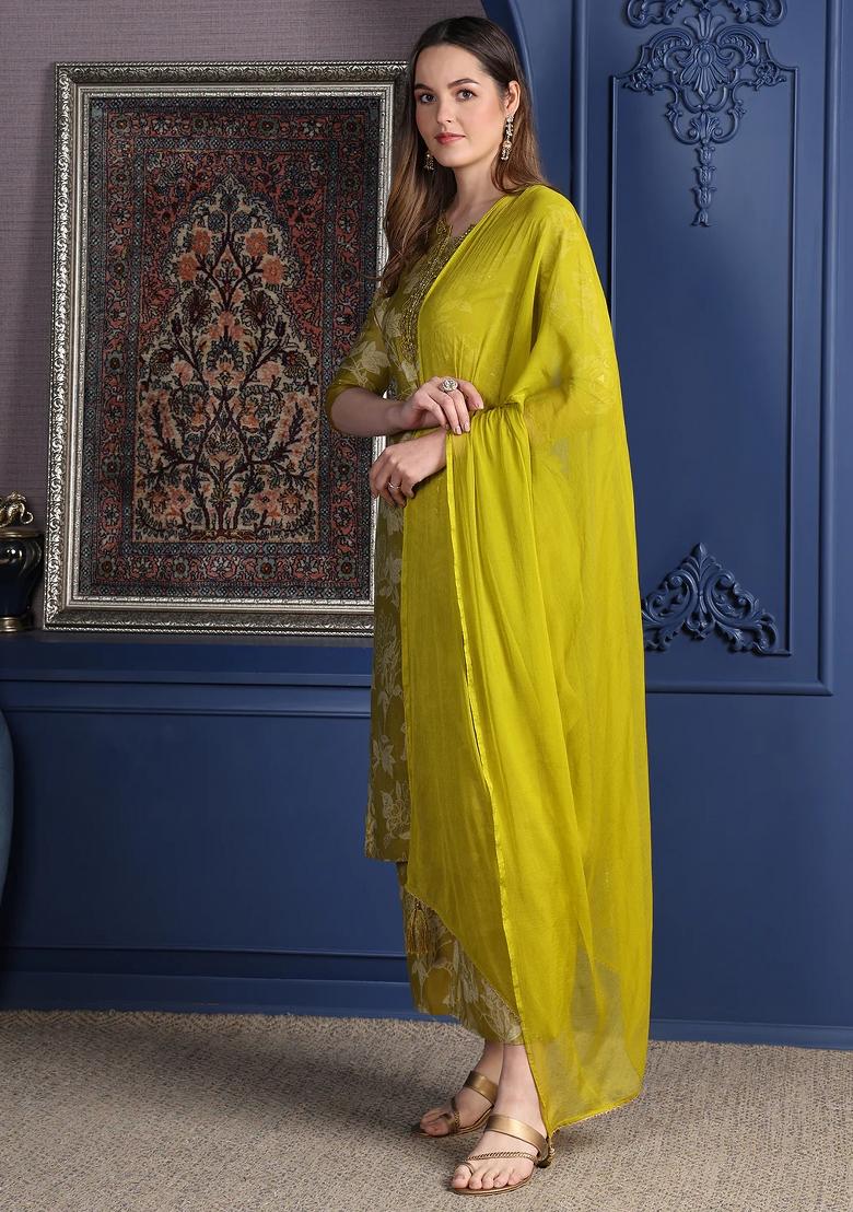 Green Embroidery Rayon Kurta Set - Indya