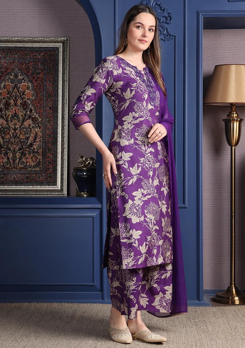 Purple Embroidery Rayon Kurta Set - Indya
