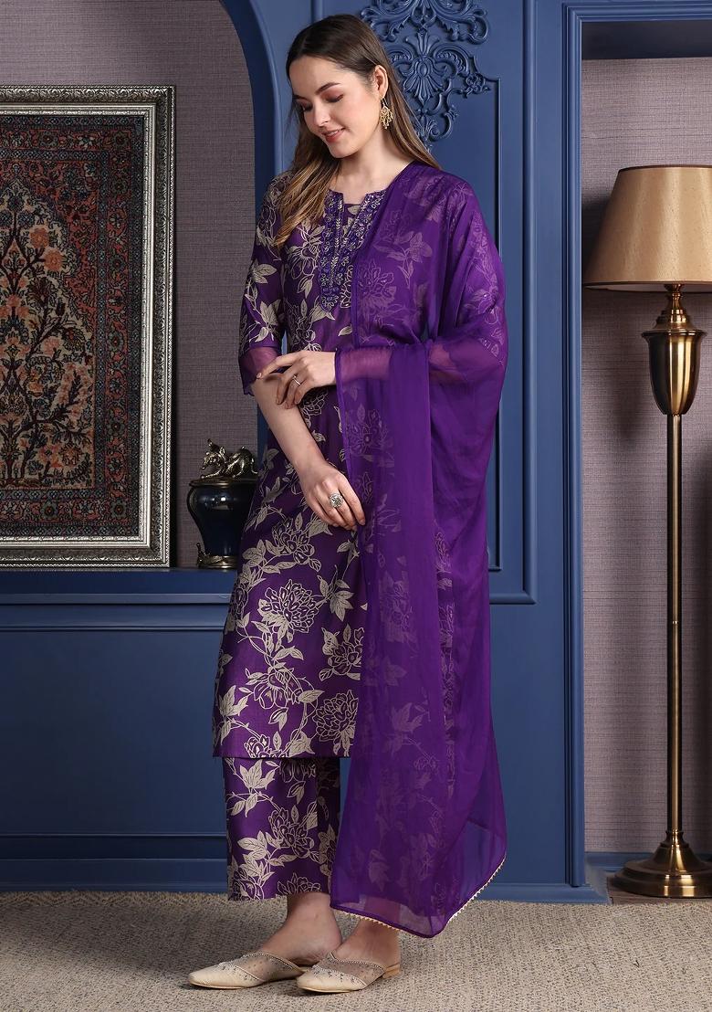 Purple Embroidery Rayon Kurta Set - Indya