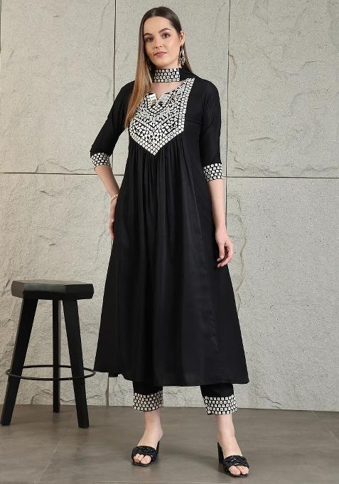 Black Embroidery Rayon Kurta Set